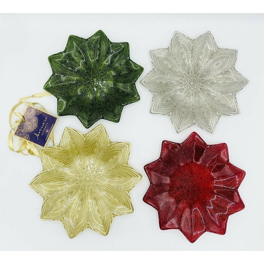 4 Artistic Accents Appetizer Plates Christmas Sparkle Metallic Gold Glass Star